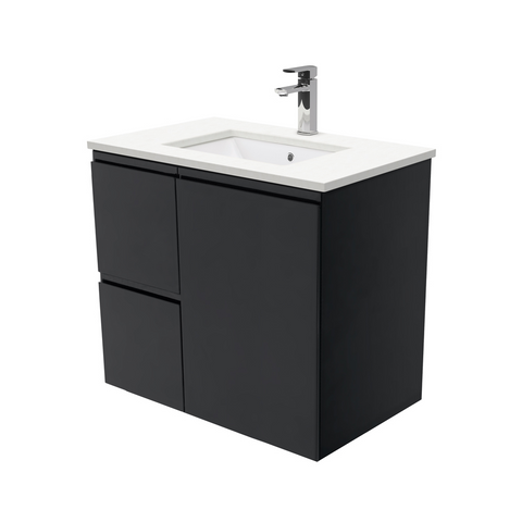 Fienza Crystal Pure Undermount Stone Top, Fingerpull Satin Black 750mm (Left Drawers) Wall Hung Vanity Unit SC75ZBL