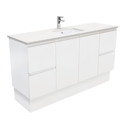 Fienza Crystal Pure Undermount Stone Top, Fingerpull 1500mm (Single Basin) Vanity Unit with Kickboard Unit Satin White SC150ZKS