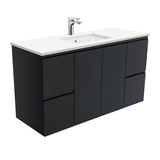 Fienza Crystal Pure Undermount Stone Top, Fingerpull Satin Black 1200mm Wall Hung Vanity Unit SC120ZB