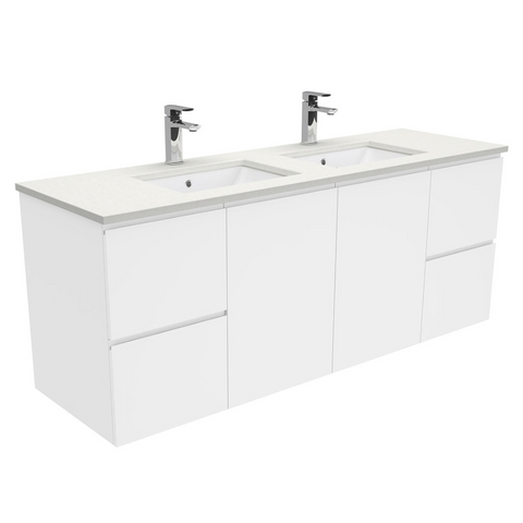 Fienza Crystal Pure Undermount Stone Top, Fingerpull 1500mm (Double Basin) Wall Hung Vanity Unit White SC150FD