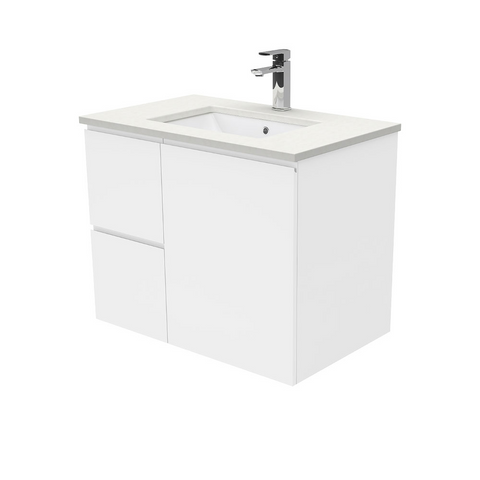 Fienza Crystal Pure Undermount Stone Top, Fingerpull 750mm (Left Drawers) Wall Hung Vanity Unit White SC75FL