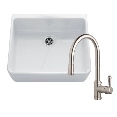 Abey Chambord Clotaire Package (Single Bowl Fireclay Sink 500x500x200mm White & Armando Vicario Provincial Single Lever Kitchen Mixer Brushed Nickel) CLOTAIRE-1WTBN