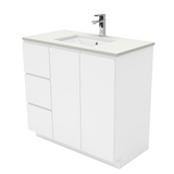 Fienza Crystal Pure Undermount Stone Top, Fingerpull 900mm (Left Drawers) Vanity Unit with Kickboard White SC90CL