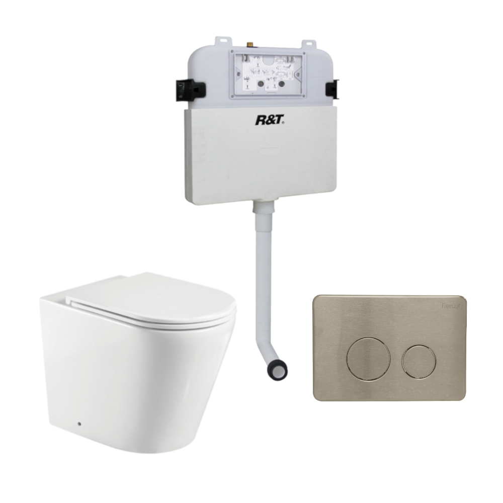 Fienza Isabella Toilet Package Wall Faced Toilet Slim Seat, R&T Inwall Cistern, Round Brushed Nickel Buttons (K019A-PS-2 + G30032 + JB11BN)