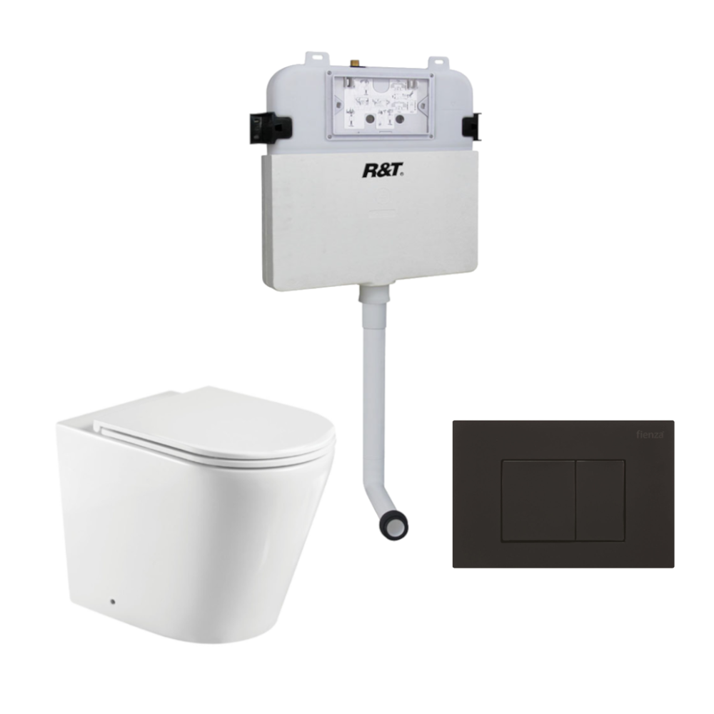 Fienza Isabella Toilet Package Wall Faced Toilet Slim Seat, R&T Inwall Cistern, Matte Black Square Buttons (K019A-PS-2 + G30032 + JJB60B)