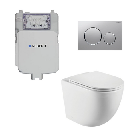 Geberit Toilet Package, Fienza Koko Slim Seat Matte White Pan, Sigma 8 Inwall Cistern With Sigma 20 Flush Plate Matt Chrome