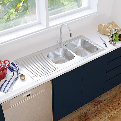 Fienza Tiva Double Kitchen Sink Right Hand Bowl 1080x480x180mm Stainless Steel 68106R