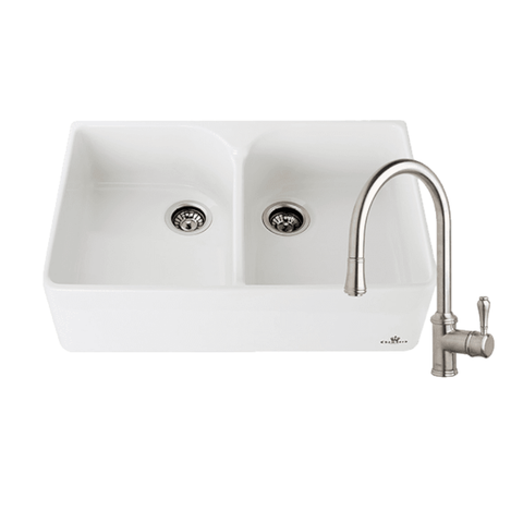 Abey Chambord Clotaire Package (Double Bowl Fireclay Sink 800x500x220mm White & Armando Vicario Provincial Pullout Kitchen Mixer Brushed Nickel) CLOTAIRE-2WTBN