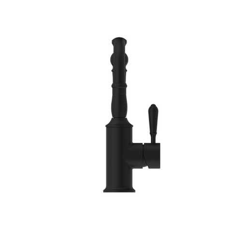 Nero York Basin Mixer Hook Spout With Metal Lever Matte Black NR69210202MB