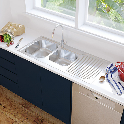 Fienza Tiva Double Kitchen Sink Left Hand Bowl 1080x480x180mm Stainless Steel 68106L