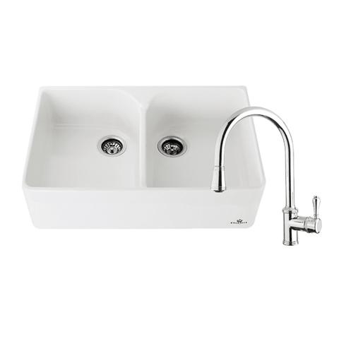 Abey Chambord Clotaire Package (Double Bowl Fireclay Sink 800x500x220mm White & Armando Vicario Provincial Pullout Kitchen Mixer Chrome) CLOTAIRE-2WT
