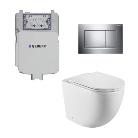 Geberit Toilet Package, Fienza Koko Slim Seat Matte White Pan, Sigma 8 Inwall Cistern With Sigma 30 Flush Plate Matte Chrome