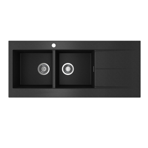 Seima Oros Black Sink 1160mm x 500mm Double Bowl Abovemount With Right Hand Drainer One Taphole 191061