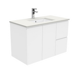 Fienza Crystal Pure Undermount Stone Top, Fingerpull 900mm (Right Drawers) Wall Hung Vanity Unit White SC90FR