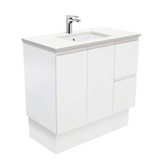 Fienza Crystal Pure Undermount Stone Top, Fingerpull 900mm (Right Drawers) Vanity Unit with Kickboard Satin White SC90ZKR