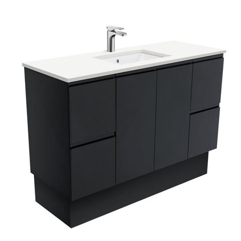 Fienza Crystal Pure Undermount Stone Top, Fingerpull Satin Black 1200mm Vanity Unit with Kickboard SC120ZBK