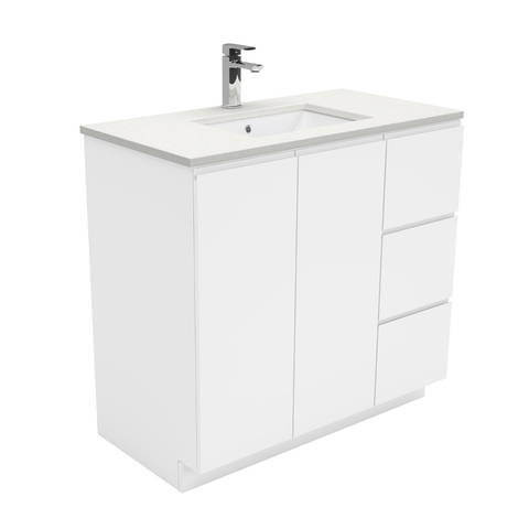 Fienza Crystal Pure Undermount Stone Top, Fingerpull 900mm (Right Drawers) Vanity Unit with Kickboard White SC90CR