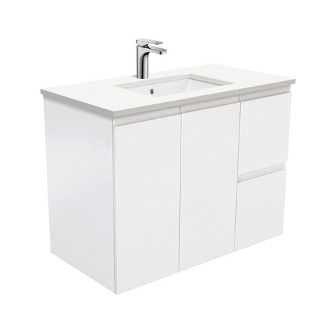 Fienza Crystal Pure Undermount Stone Top, Fingerpull 900mm (Right Drawers) Wall Hung Vanity Unit Satin White SC90ZR