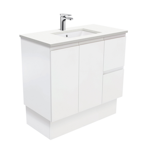 Fienza Crystal Pure Undermount Stone Top, Fingerpull 900mm (Right Drawers) Vanity Unit with Kickboard Satin White SC90ZKR