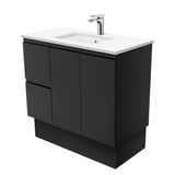 Fienza Crystal Pure Undermount Stone Top, Fingerpull Satin Black 900mm (Left Drawers) Vanity Unit with Kickboard SC90ZBKL