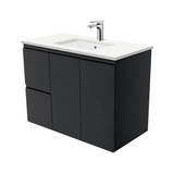 Fienza Crystal Pure Undermount Stone Top, Fingerpull Satin Black 900mm (Left Drawers) Wall Hung Vanity Unit SC90ZBL