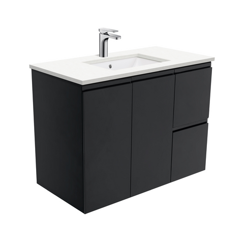 Fienza Crystal Pure Undermount Stone Top, Fingerpull Satin Black 900mm (Right Drawers) Wall Hung Vanity Unit SC90ZBR