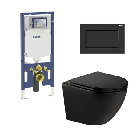 Geberit Toilet Package, Fienza Koko Wall Hung Matte Black Pan, Sigma 8 Inwall Cistern With Sigma 30 Flush Plate Matte Black