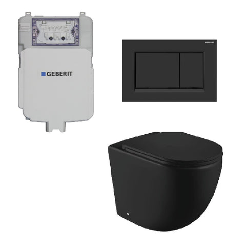 Geberit Toilet Package, Fienza Koko Matte Black Pan, Sigma 8 Inwall Cistern With Sigma 30 Flush Plate Matte Black