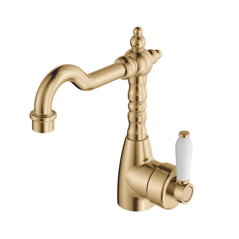 Fienza Eleanor Shepherds Crook Basin Mixer Urban Brass with White Ceramic Handle 202103UB