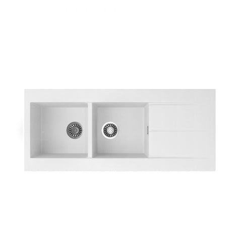 Seima Oros White Sink 1160mm x 500mm Double Bowl (Abovemount or Undermount) With Left or Right Hand Drainer Note Taphole 191071