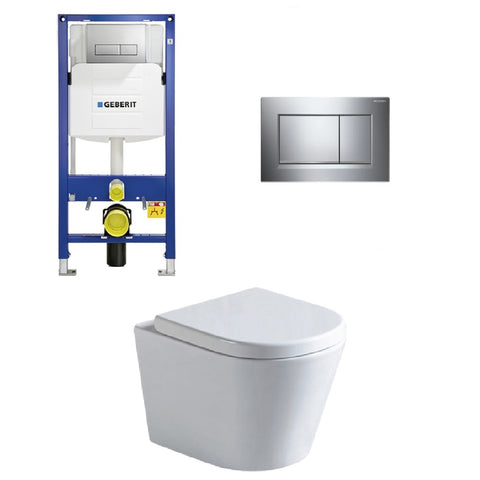 Geberit Toilet Package, Rimless Wall Hung Pan, Sigma 8 Inwall Cistern Frame with Sigma 30 Flush Plate Bright Chrome (4675268640828)