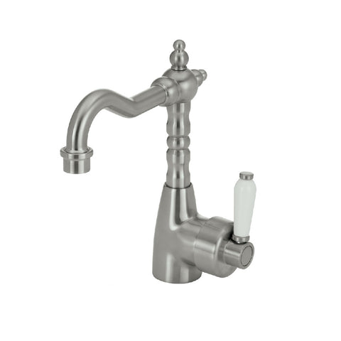 Fienza Eleanor Shepherds Crook Basin Mixer Brushed Nickel with White Ceramic Handle (4358688440380)