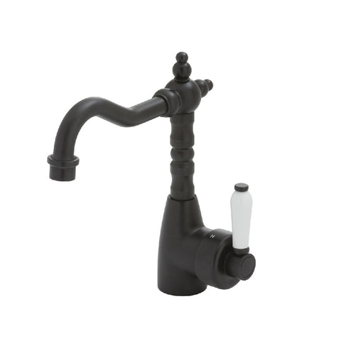 Fienza Eleanor Shepherds Crook Basin Mixer Matte Black with White Ceramic Handle (4358688997436)