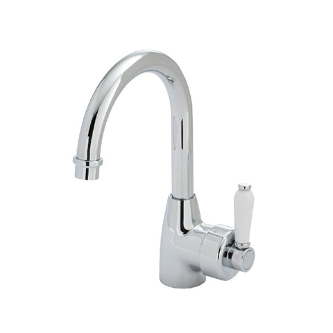 Fienza Eleanor Gooseneck Basin Mixer Chrome with White Ceramic Handle (4358687981628)