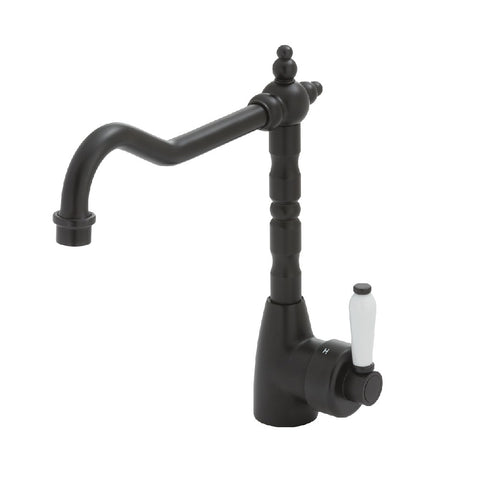 Fienza Eleanor Shepherds Crook SInk Mixer Matte Black with White Ceramic Handle (4358689128508)