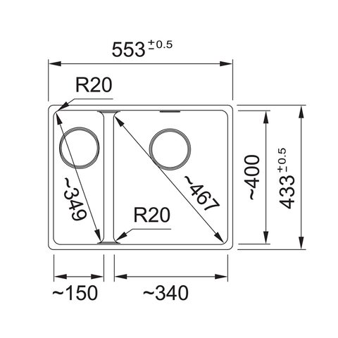 Franke Sink Maris 560mm 1 and 1/2 Bowl Left Hand Flushmount Onyx MRG 260/34-15B SBL ON