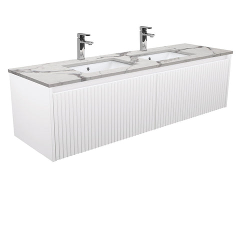 Fienza Sarah Calacatta Marble Undermount Double Bowl 1500 Alina Satin White Wall-Hung Vanity SM150RWD