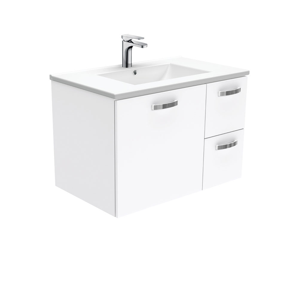 Fienza Dolce Ceramic 750mm Vanity wall hung with handles 1th (Right Hand Draws) White TCL75JR (4488982855740)