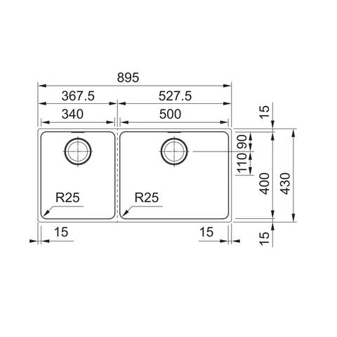 Franke Mythos Double Bowl 895mm (Top Mount/ Flush Mount/ Undermount) Stainless Steel MYX220-50/34BSBL